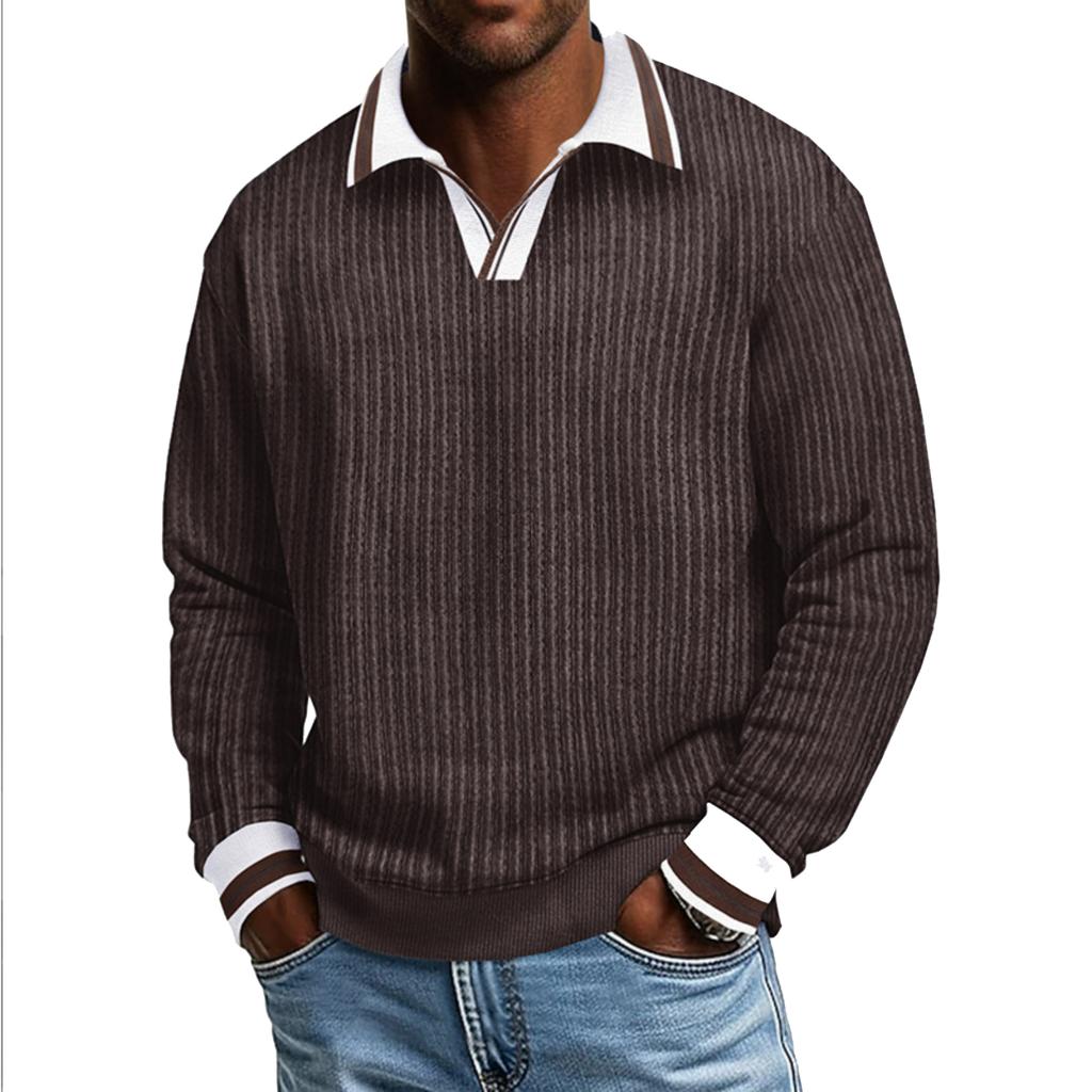 Men's Long,sleeved Color,blocked Pullover, Men's Lapel Corduroy Long,sleeved Top