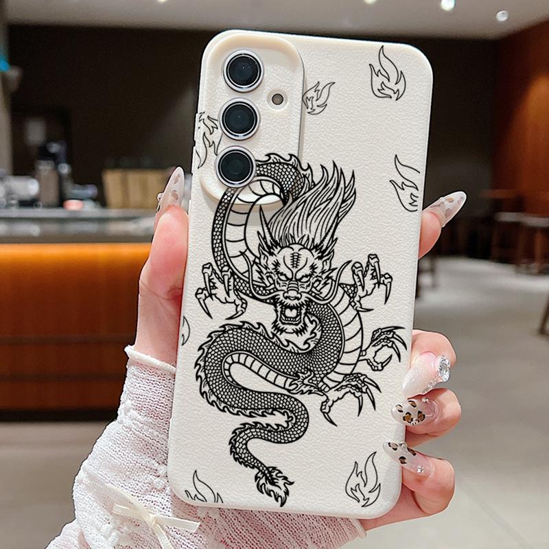 

Мягкий чехол для телефона из ТПУ с рисунком дракона для Samsung S25 Ultra S24 FE S23 S22 A56 A36 A16 A15 A55 A35 с матовой кожаной текстурой, тонкий противоударный чехол-бампер Samsung A53 5G бежевый/белый