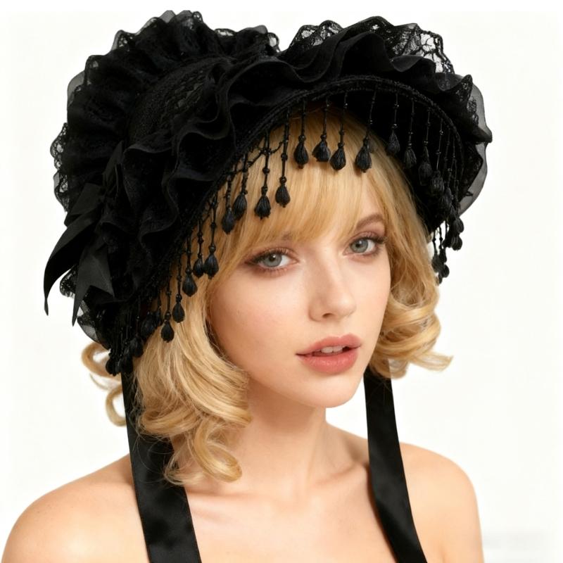 Comfortable Gothic Widows Cap Breathable Polyester Beanies Hair Decors for Long Duration Use During Music Festivals