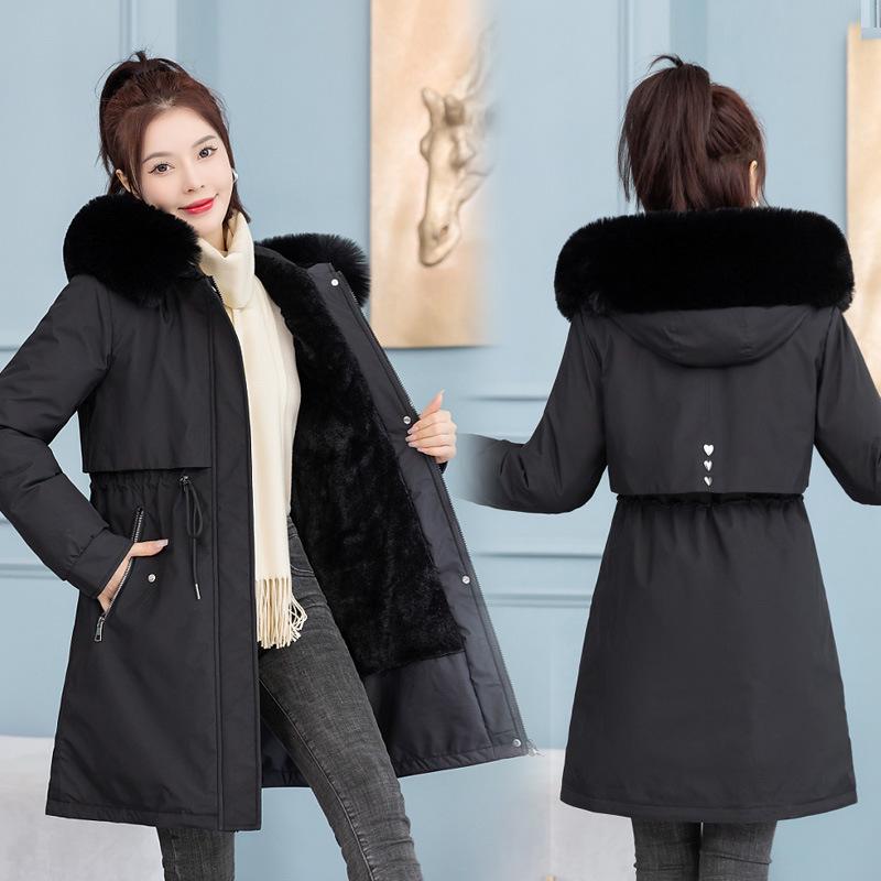 Women's Mid-Length Velvet-Enhanced Parka, Plus-Size Winter Cotton Coat, Trendy Padded Jacket.