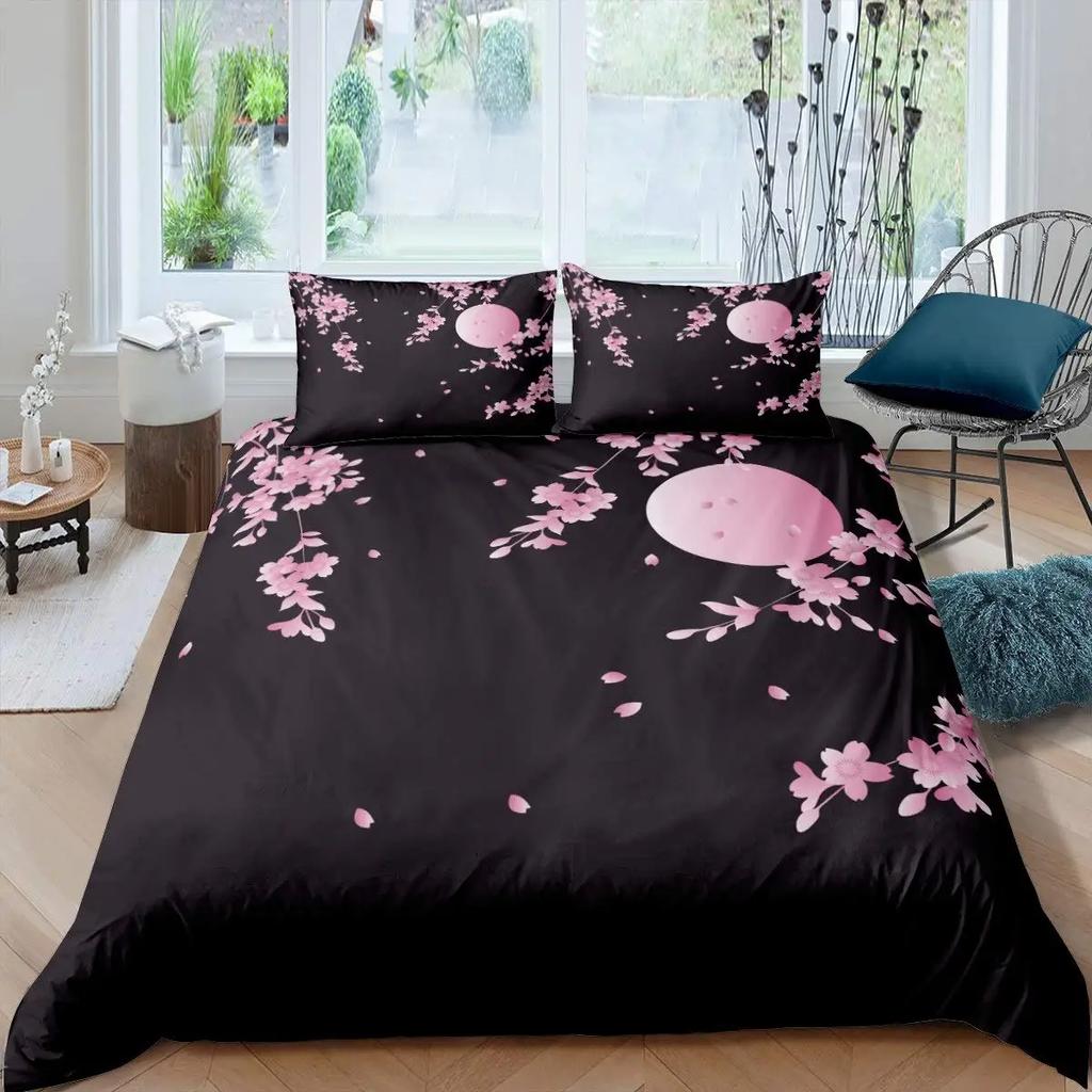 Japanese Duvet Cover Branch of  Flourishing Sakura Tree Cherry Blossoms Spring Theme Art Pink Decor Dark Brown for Women Gifts