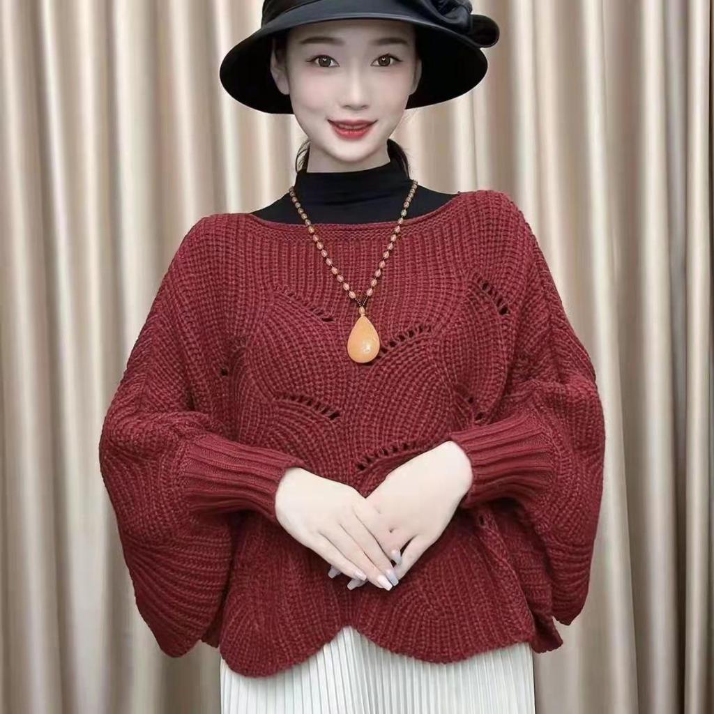 2023 Autumn Women's Loose Long-Sleeve Hollow-Design Pullover Sweater & Versatile Fashion Shawl