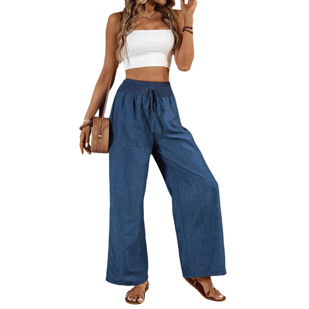 Damen Einfarbig Plissee Taille Kordelzug Locker Weites Bein Gerades Bein Hose