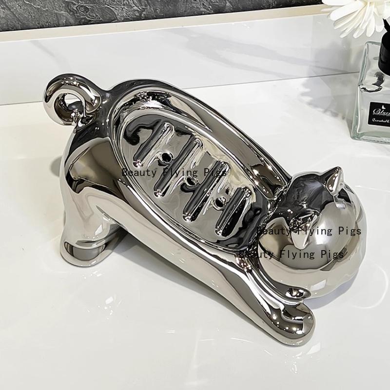 Ceramic Cat Soap Dish Cartoon Soap Storage Box Ceramic Premium Drain Soap Box Handwashing Table Ornament with Drainage Holes