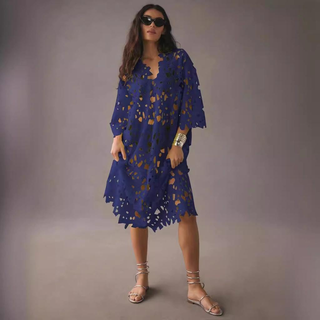 IHUASU Casual Loose Beach Holiday Smock Lace Blouse