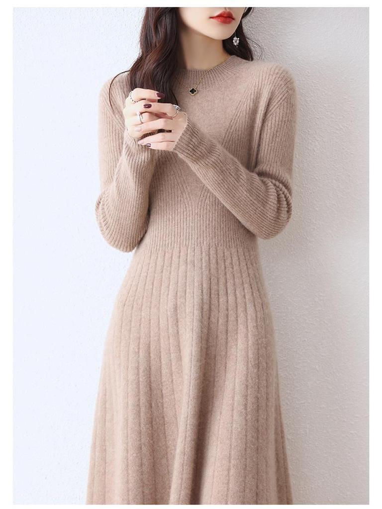 Women's Wool Round Neck Long Sweater Dress - Autumn/Winter Slim Knit Versatile Outerwear