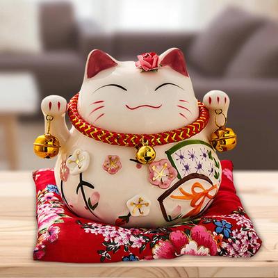 Chinese Good Luck Cat Piggy Feng Shui Ceramic Figurine Blessing Fortune Wealth Ornament Waving Coin
