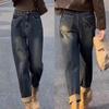 Damskie zimowe dżinsy haremowe wyszczuplające z wysokim stanem, z podszewką z polaru - dla figury gruszki, wszechstronny fason cropped (Trendy 2025)