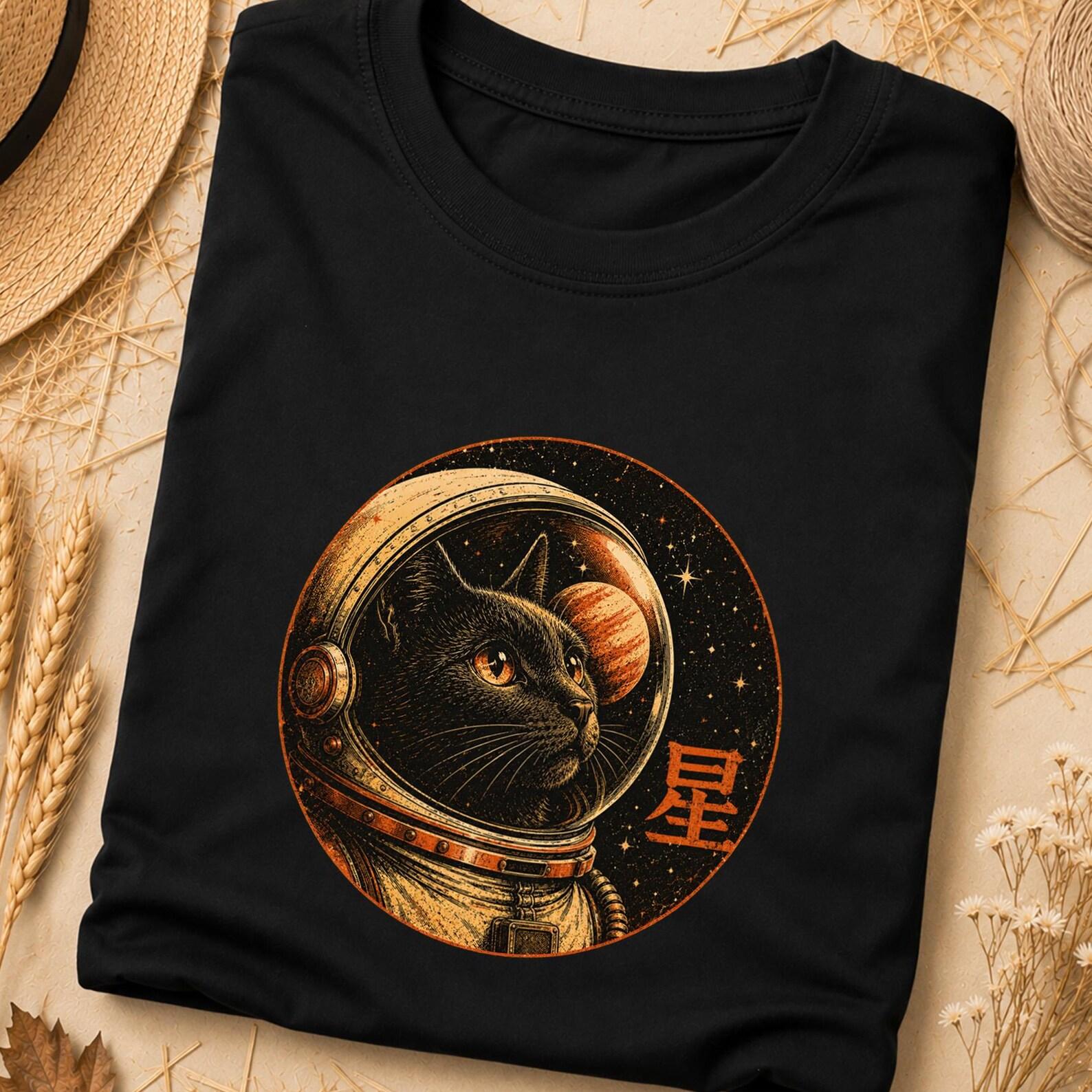 Japanese Space Cat Tshirt, Minimalist Space Cat Graphic Tee, Japanese Minimal Art Shirt, Mid Century Sci-Fi Graphic Tee, 1950s Space Cat Tee L