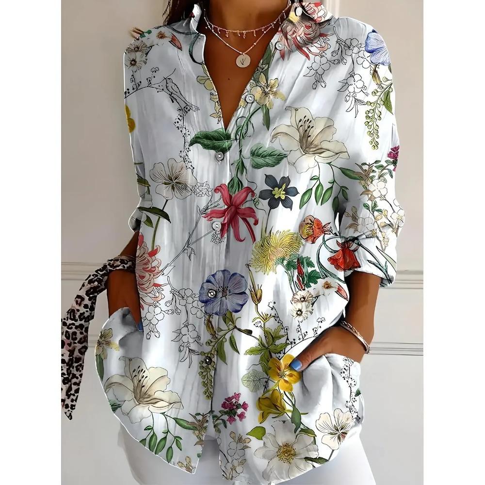 New Women's Shirts Floral Printed Spring Autumn Blouse Lapel Neck Blouse Women Long Sleeve Shirts