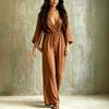 Women's Bohemian V-Neck Long Sleeve Wide Leg Jumpsuit Loose Fit for Casual Everyday Wear