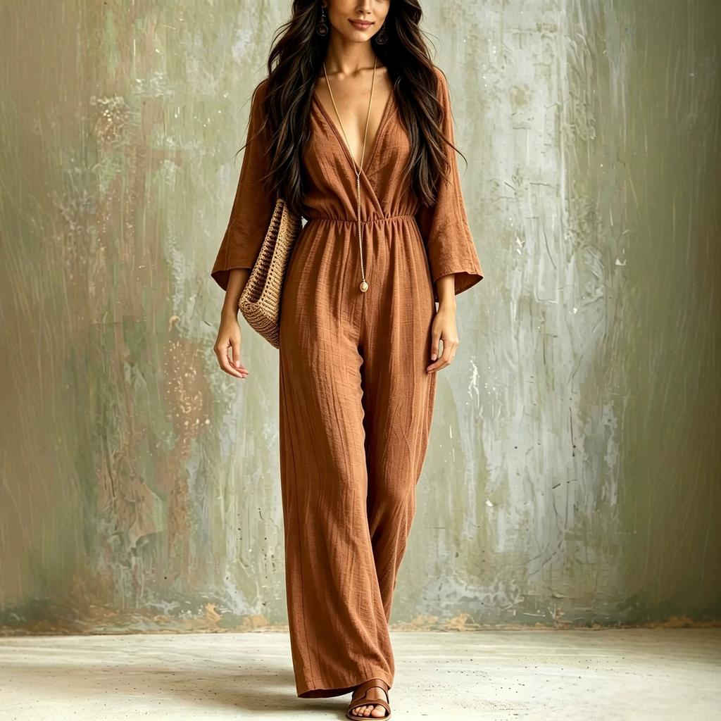 Women's Bohemian V-Neck Long Sleeve Wide Leg Jumpsuit Loose Fit for Casual Everyday Wear