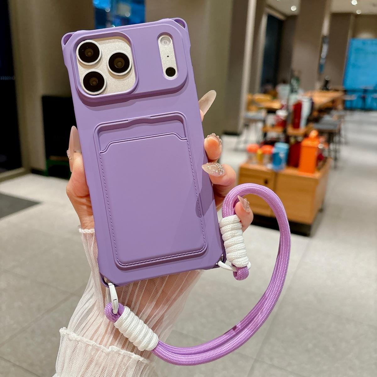 

Wallet Card Slot Holder Silicone Slot Lanyard Phone Case for IPhone 17 Air 17E 16E 15 14 Plus 13 12 11 Pro Max Wristband Cover iPhone17 фиолетовый