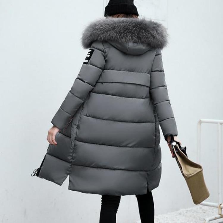 Winter Women Parka Cotton Jacket Windproof Padded Coat Zip Up Long Sleeves Furry Hood Heat Retention Knee Length Solid Color Outwear with Pockets