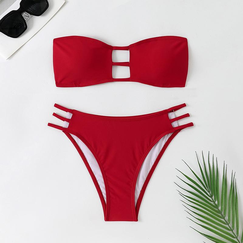 Sexy Strapless Hollow Out Bikini 2 Piece Set Solid Women Split Swimsuit Beach Bikini New Summer Swimwea Bikini Set