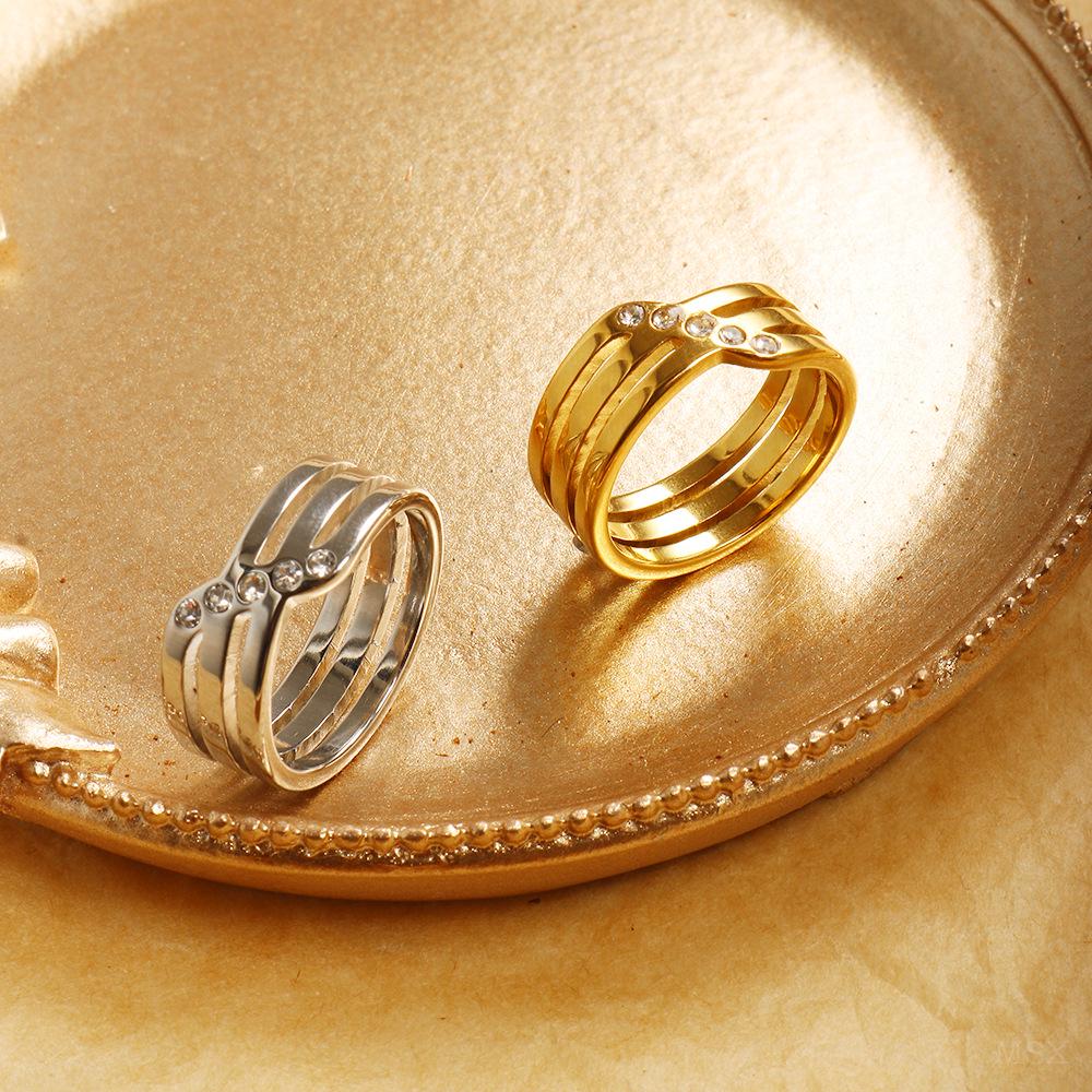 18K Gold Plated Rhinestone Ring with Geometric Triple Bars - Korean Style Stainless Steel