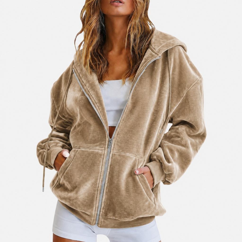 Women Jacket Solid Color Velvet Loose Fit Hooded Sweatshirt Long Sleeve Casual Outerwear Grey Navy Burgundy Zip Up Jacket
