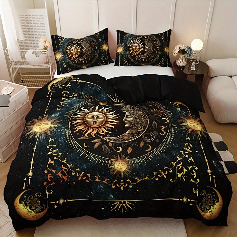 3pcs Bedding Set - Elegant & Golden Sun/Moon/Planets Print Duvet Cover with 2 Pillowcases, All-Season for Queen/King Size Beds