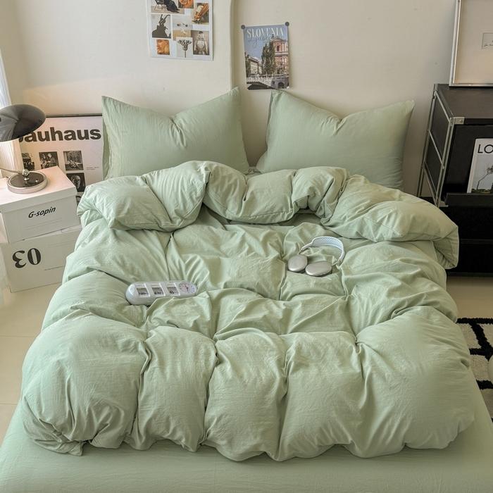 new solid color washed cotton four-piece set Shuangpin student dormitory single bedding three-piece set