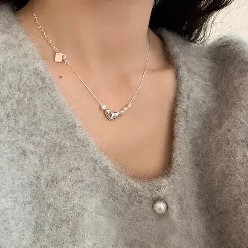 925 Silber Liebesherz Perlenkette für Damen Geschenk Koreanisch Vielseitig Schlichtheit Unregelmäßiger Schmuck Dropshipping