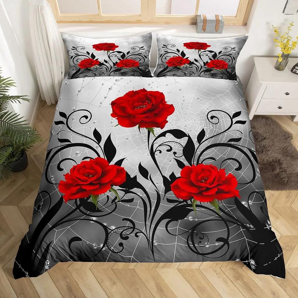 Comforter Red Rose Twin King Size Romantic Floral Bedding Set Flower Comforter With 2 For Valentine'S Day