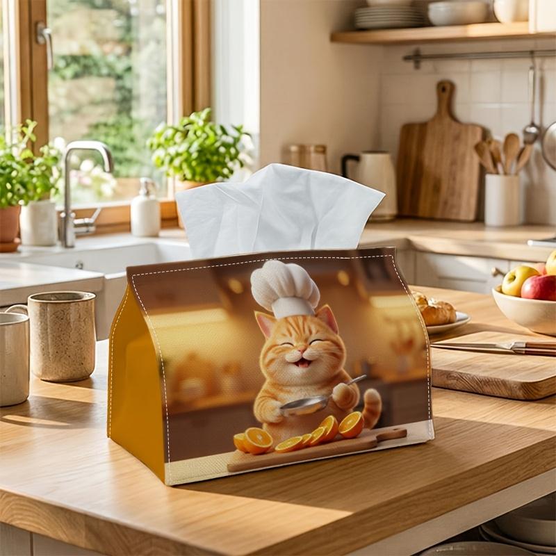 1pc Fantasy Kitchen Tissue Box - Multi-functional Napkin Dispenser, Two Sizes Available Made of Durable Polyester, Decorated with Feline Chef Citrus,