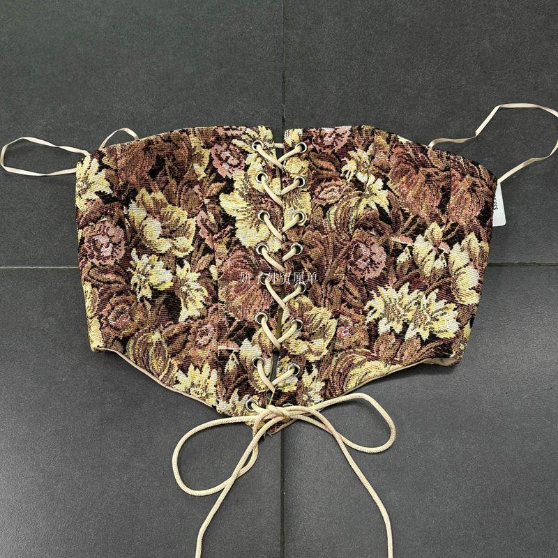 

Export Pure Original Ins Style Fashionable Sexy Jacquard Texture Cut Out Lace up Short Tube Top Tops Sexy Vest Brown Flower Jacquard Vest M