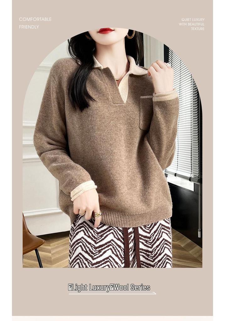 Women's Loose Wool V-Neck Color Block Pullover Sweater - Autumn/Winter Warm Lazy Style