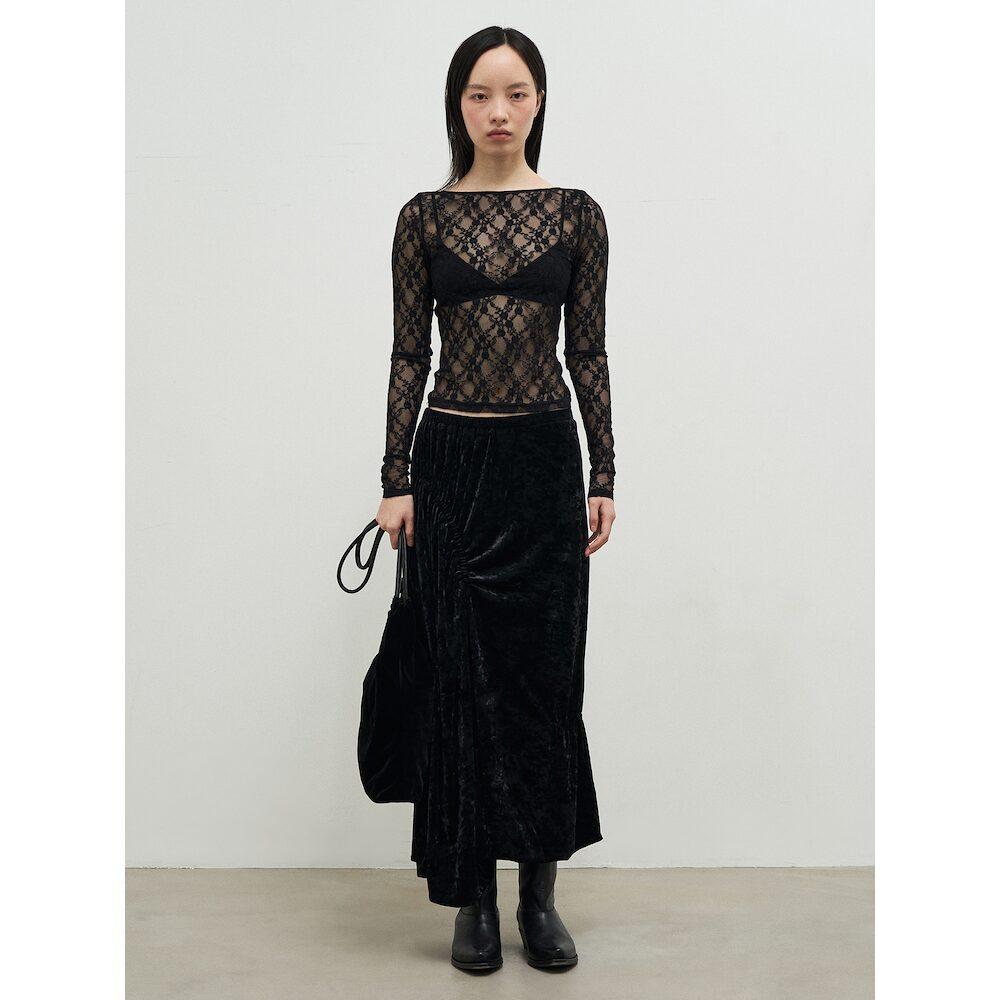 Anggae Asymmetric Washed Velvet Shirring Skirt Black