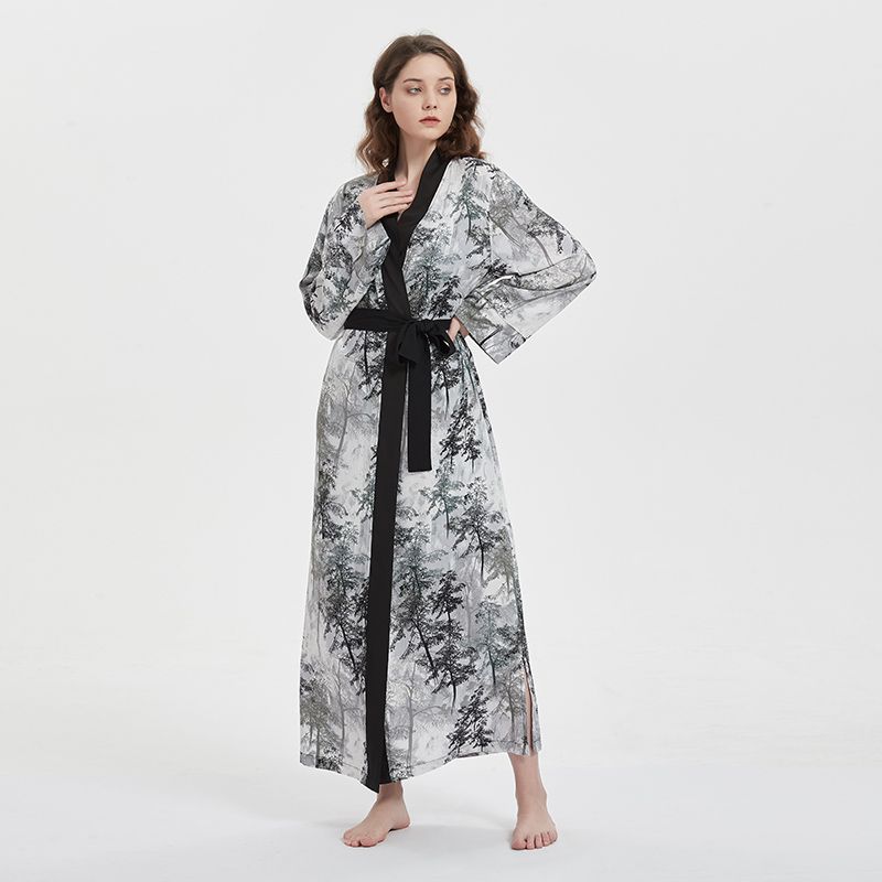 

Elegant Chinese Ink Style Retro Print Beach Dress Women s Cotton Silk Leaves All yards