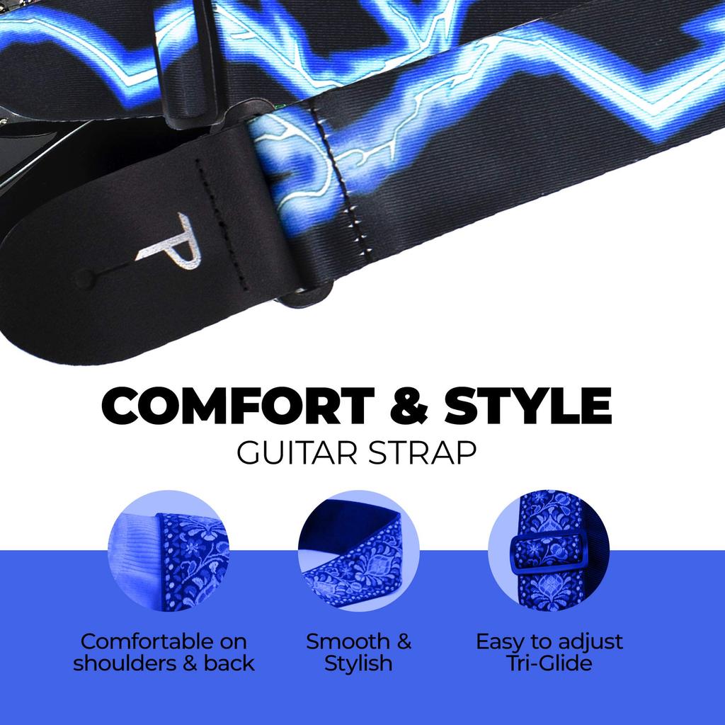 Leathers Guitar Strap Adjustable For Guitars Made in Canada Polyester Blue Lightning Perri’s Ltd. - - - Acoustic/Bass/Electric - (LPCP-46)