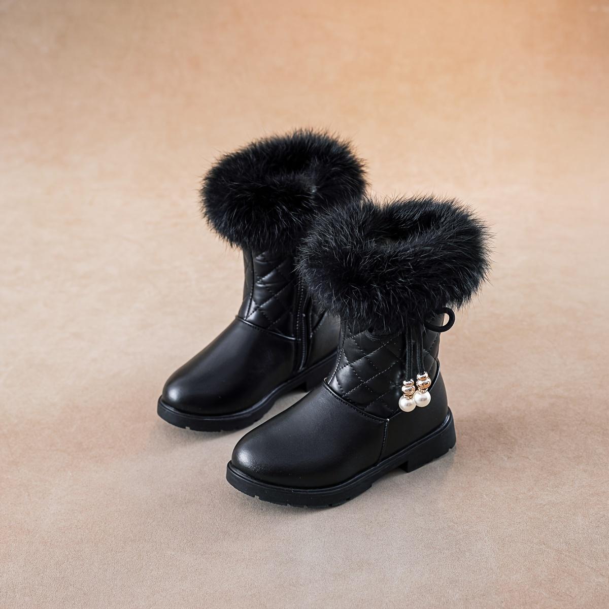 

Зимние ботинки для девочек 2024, теплые, с милым жемчужным бантом, стеганый узор, сплошной цвет с рисунком из мультфильмов 32 чёрный