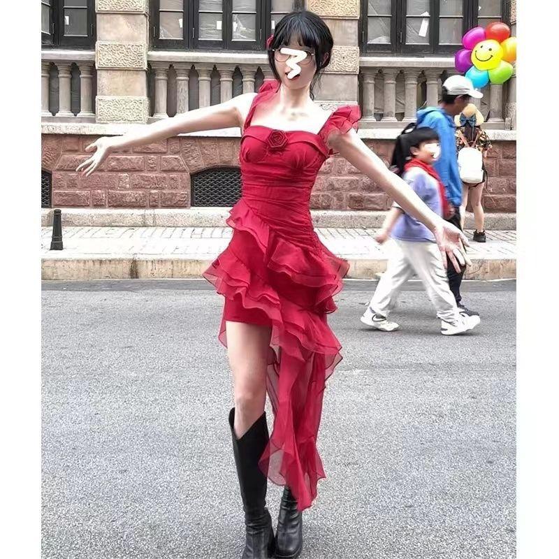 Pure desire style Spice girl irregular long dress women's summer new suspender design sense niche seaside vacation style dress