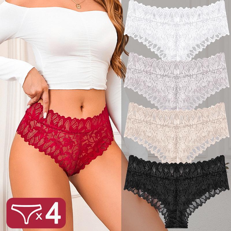4PCS Women Floral Lace Panties Sexy Perspective G-String High Waist Solid Color Underpants Female Breathable Intimates Lingerie