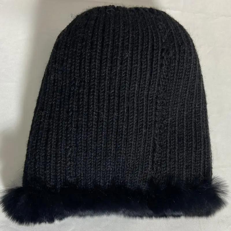 Outdoor Rex Rabbit Fur Hats Elastic Knitted  Genuine Fur Caps Winter Warm Pompom Fur Hat Striped Natural Female Snow Fur Hats