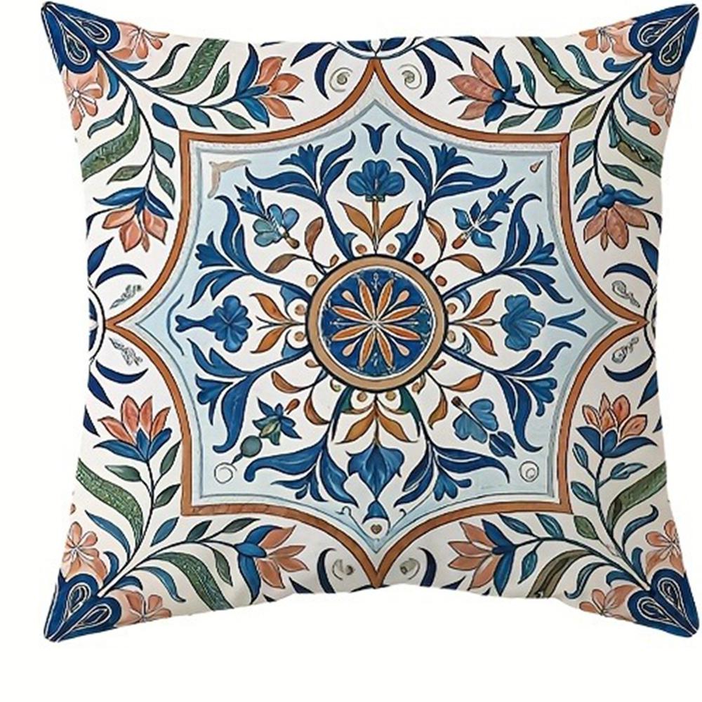 

Retro Tile - inspired Floral Pillow CoversLiving room sofa cushion cover, soft and comfortable, bedroom room decoration 16x16Inch