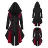 Women Cosplay Dress Gothic Color Matching Lace-up Strap Irregular Hem Hooded Long Sleeves Zipper Closure Festival Halloween Midi Dress