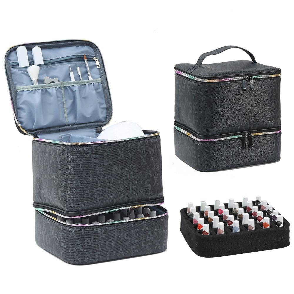 Double Layer Nail Polish Organizer Bag Large Capacity 30 Compartment Nail Care Kit Bag Handheld Essential Oil Storage Bag