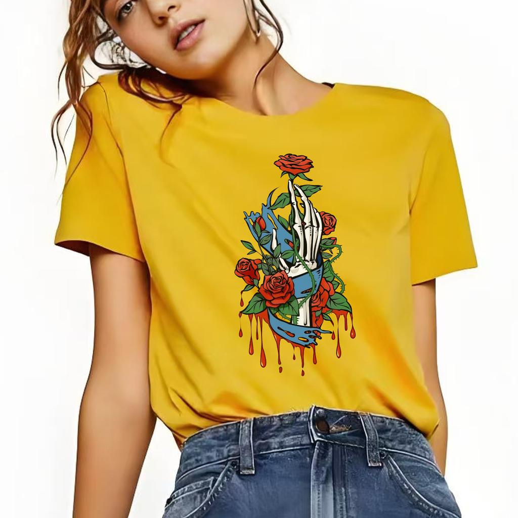 Fashion Skeleton Rose Printed Street Tshirt Short Sleeve Round Neck Casual Versatile Womens Tshirt