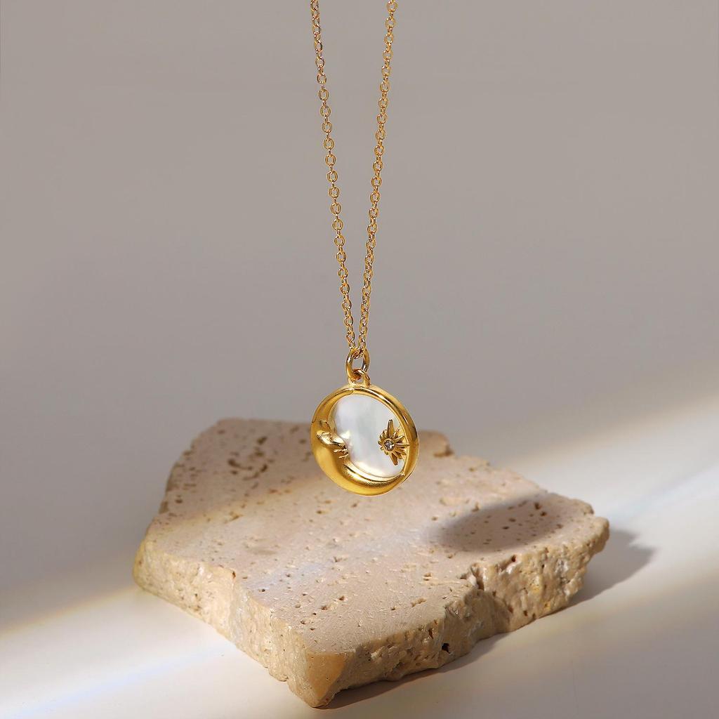 18K Gold Titanium Steel Women's Necklace with French White Mother-of-Pearl Star, Moon, and Round Pendant.