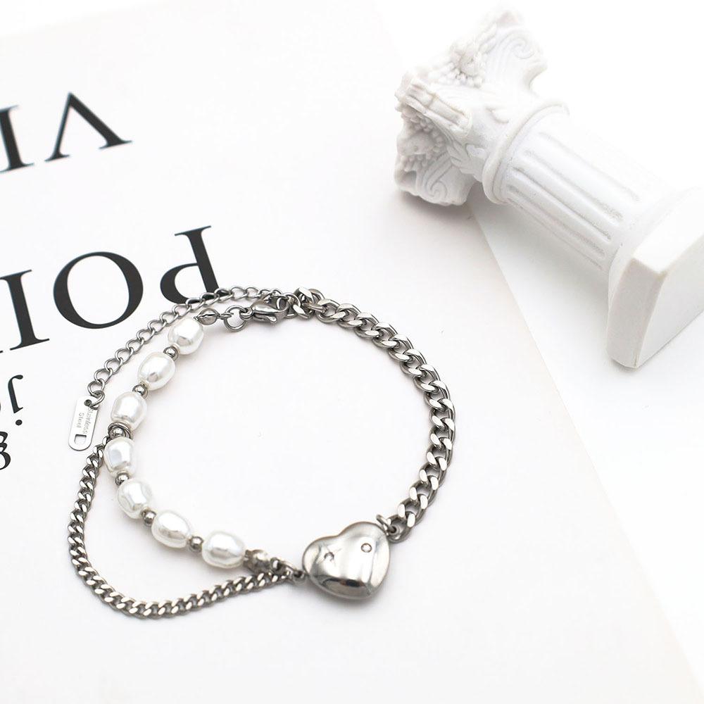 Accessories Individual Cold Wind Pearl Love Splicing Necklace Bracelet Set Women'S Niche Titanium Steel Jewelry Set