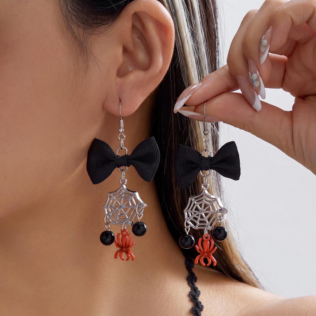 Cute Creepy Black Bowknot Spider Web Drop Earrings for Women Red Spider Beads Dangle Earring Cosplay Costume Party Jewelry Gifts
