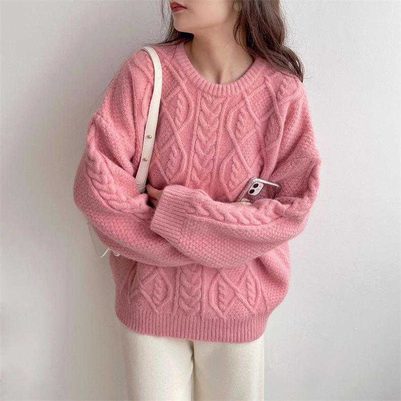 Solid color twist sweet and gentle round neck pullover sweater women's autumn and winter new fashion age-reducing knitted sweater top