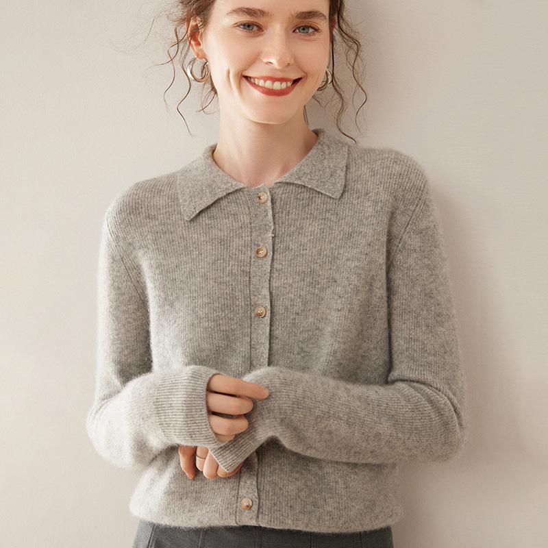 Women's Slim Fit Cashmere Polo Collar Cardigan - Comfortable Knitwear Coat for Autumn/Winter Fashion