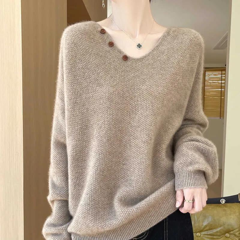 Autumn  Winter Fashion Sweater for Women V-neck Button Loose Lazy Style Versatile Base Shirt