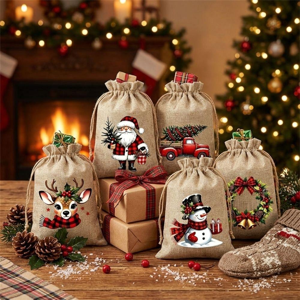 5/12Pcs Linen Style Christmas Drawstring Gift Bags Santa Claus Snowman Deer Print Snowman Reindeer Sack Red Truck Christmas Tree