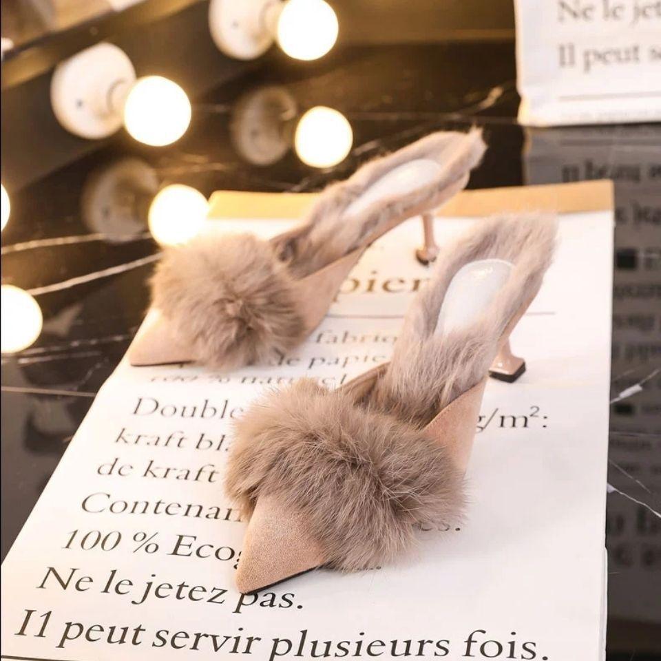 

Korean version design niche imperial sister wind fluffy slippers annual wear thin heel winter slippers high heel half drag 40