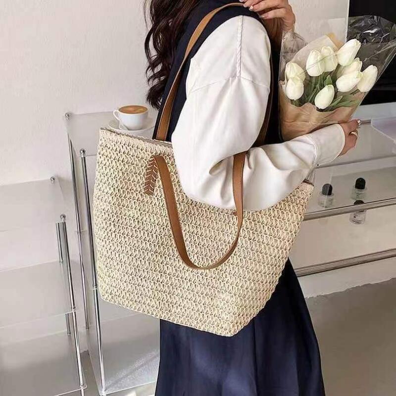 Simple Tote Bags New Women's Fashion Retro Grass Woven Bags Solid High Capacity Trend Versatile Lady Shoulder Bags Beach Bags