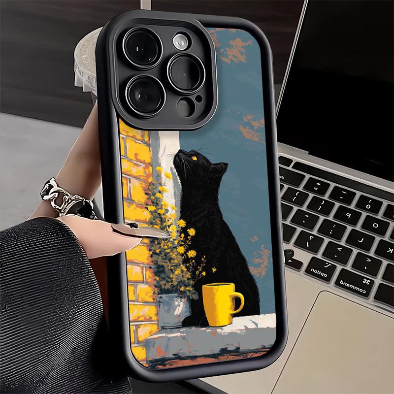 Phone Case for iPhone 17 Air 16E 15 16 Pro Max Black Cat Aesthetic Pattern Cover 14 Plus 13 12 Mini Soft Shell Silicone Fundas