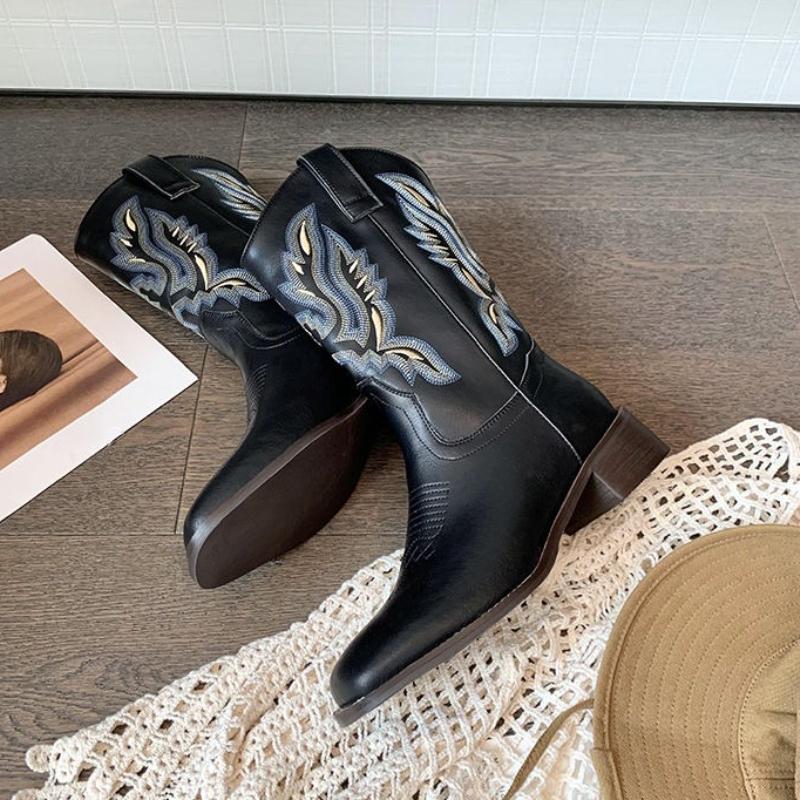 Fashion Spring Autumn Square Toe Middle Heel Half High Boots for Women 2025 Novelty Chic and Elegant Trend Leather Mid Calf Shoes Woman